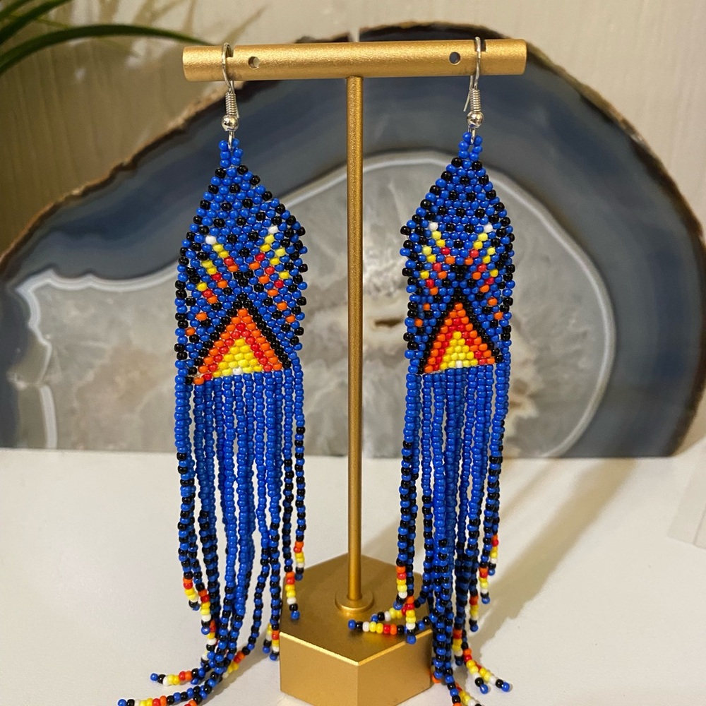 Blue and Yellow Beaded Fringe Earrings